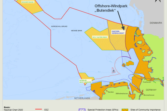 Lage des Butendiek Offshore-Windpark im EU-Vogelschutzgebiet "Östliche Deutsche Bucht"