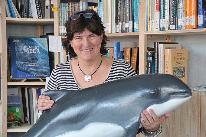 Professorin Siebert in ihrem Büro mit einer Schweinswalnachbildung im Arm