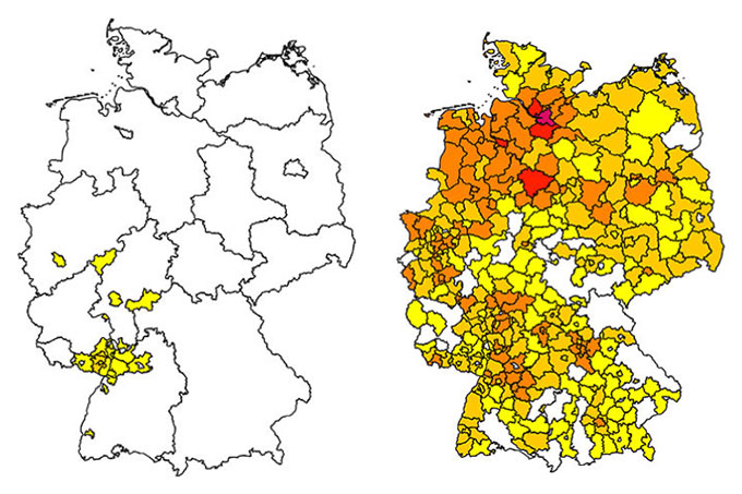 Usutu-Verdachtsfälle 2012 und 2018 - Grafik: Bernhard-Nocht-Institut für Tropenmedizin (BNI)/Renke Lühken